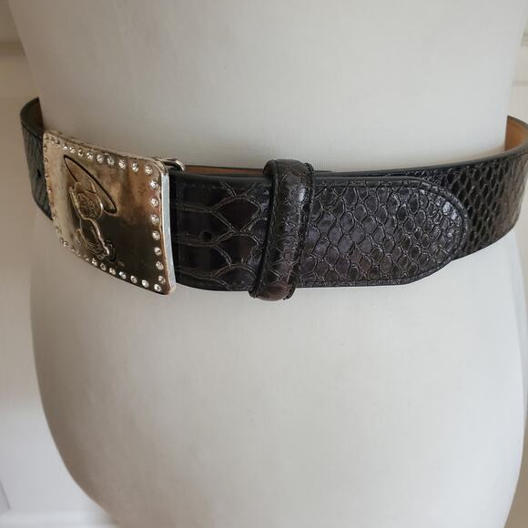 Ariat Black Leather Belt Reptile Pattern Baby 28 Silver Crystal Fat Baby Buckle - Picture 14 of 14